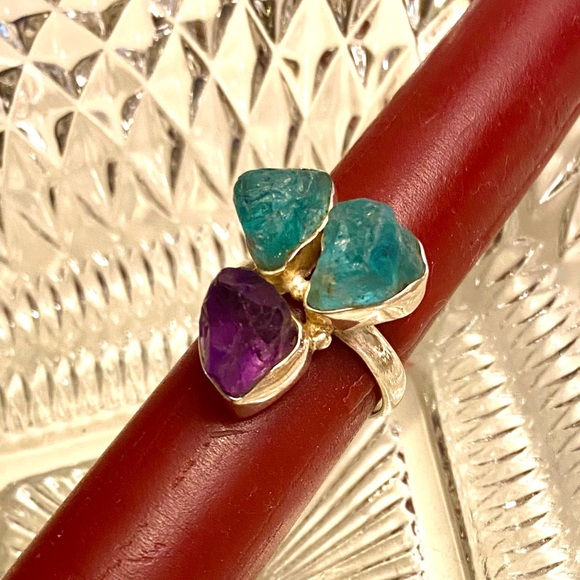 Rough cut amethyst trio, sterling silver setting. - Picture 15 of 15